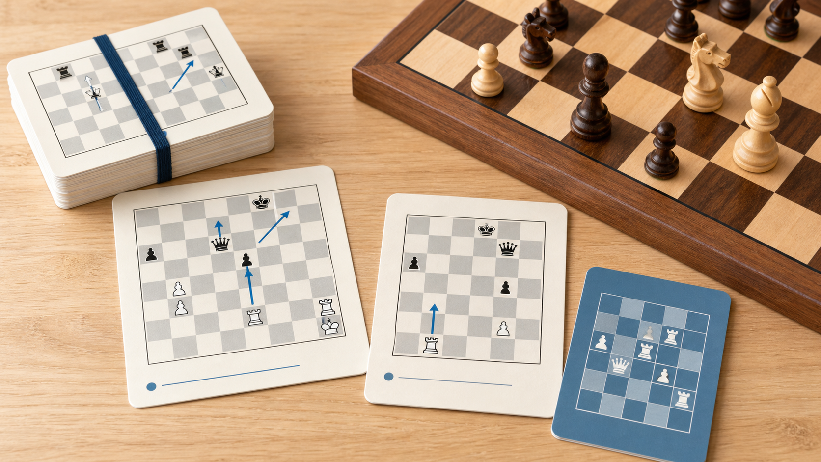 Unbranded chess puzzle cards with clear board diagrams, move arrows, an answer card, and a portable deck beside a wooden chessboard