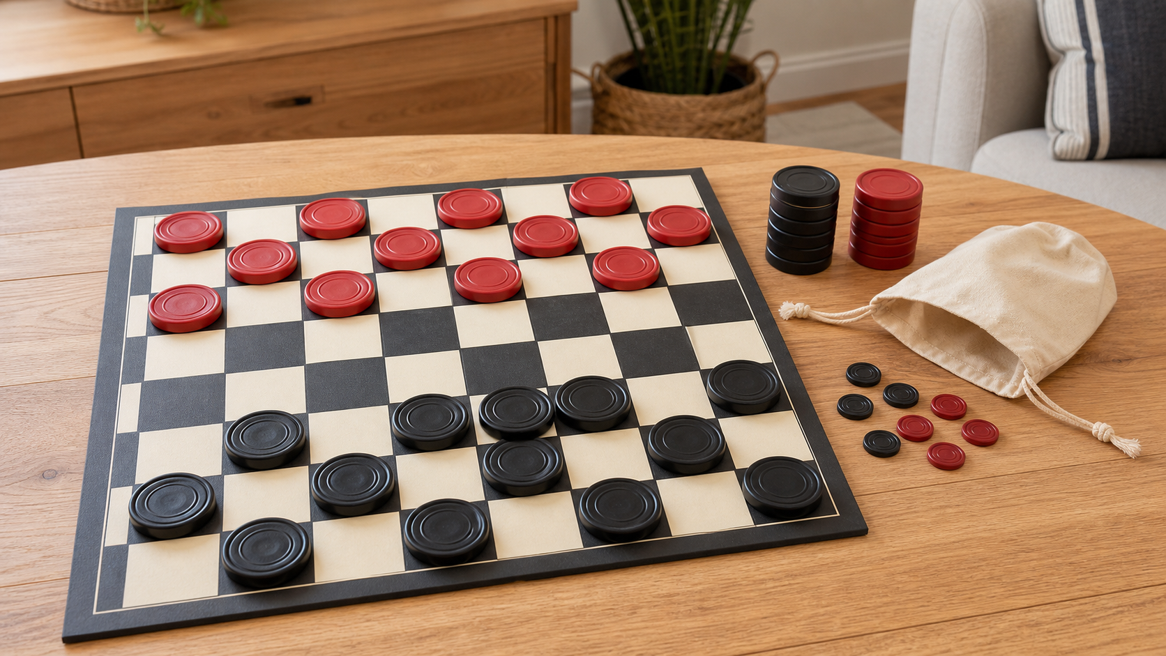 Large red and black checkers fitted within dark squares on an 8-by-8 family board, with stacked kings, smaller comparison pieces, and a storage pouch