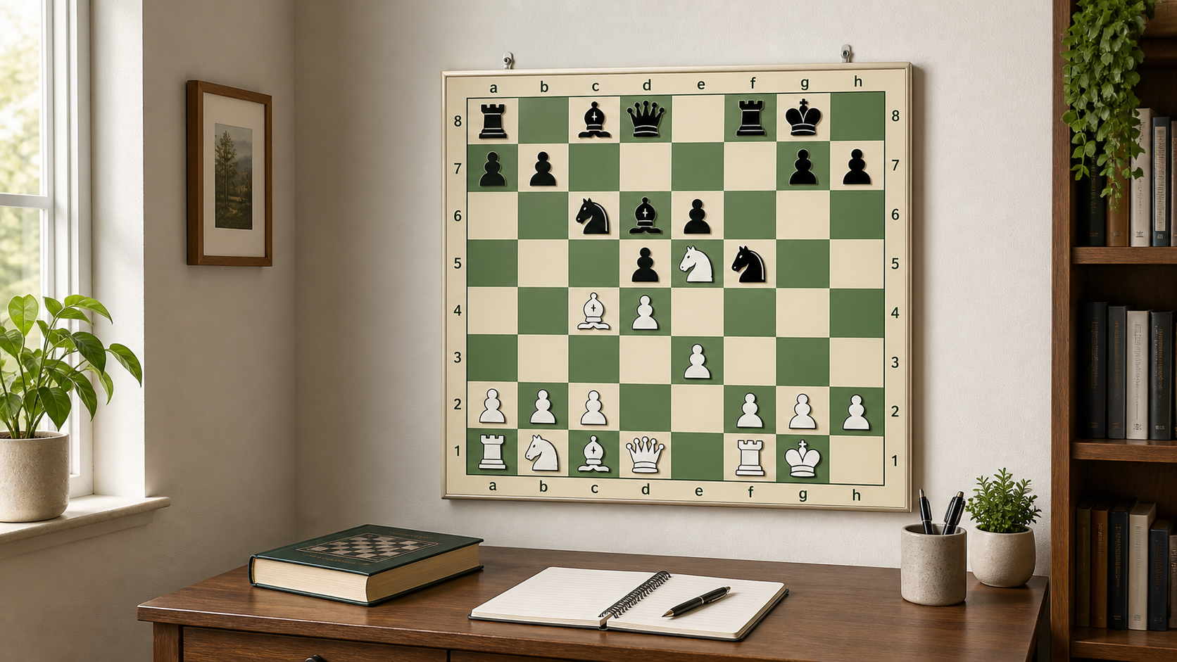 A generic magnetic wall chess board holding a study position above a home desk with a chess book and notebook