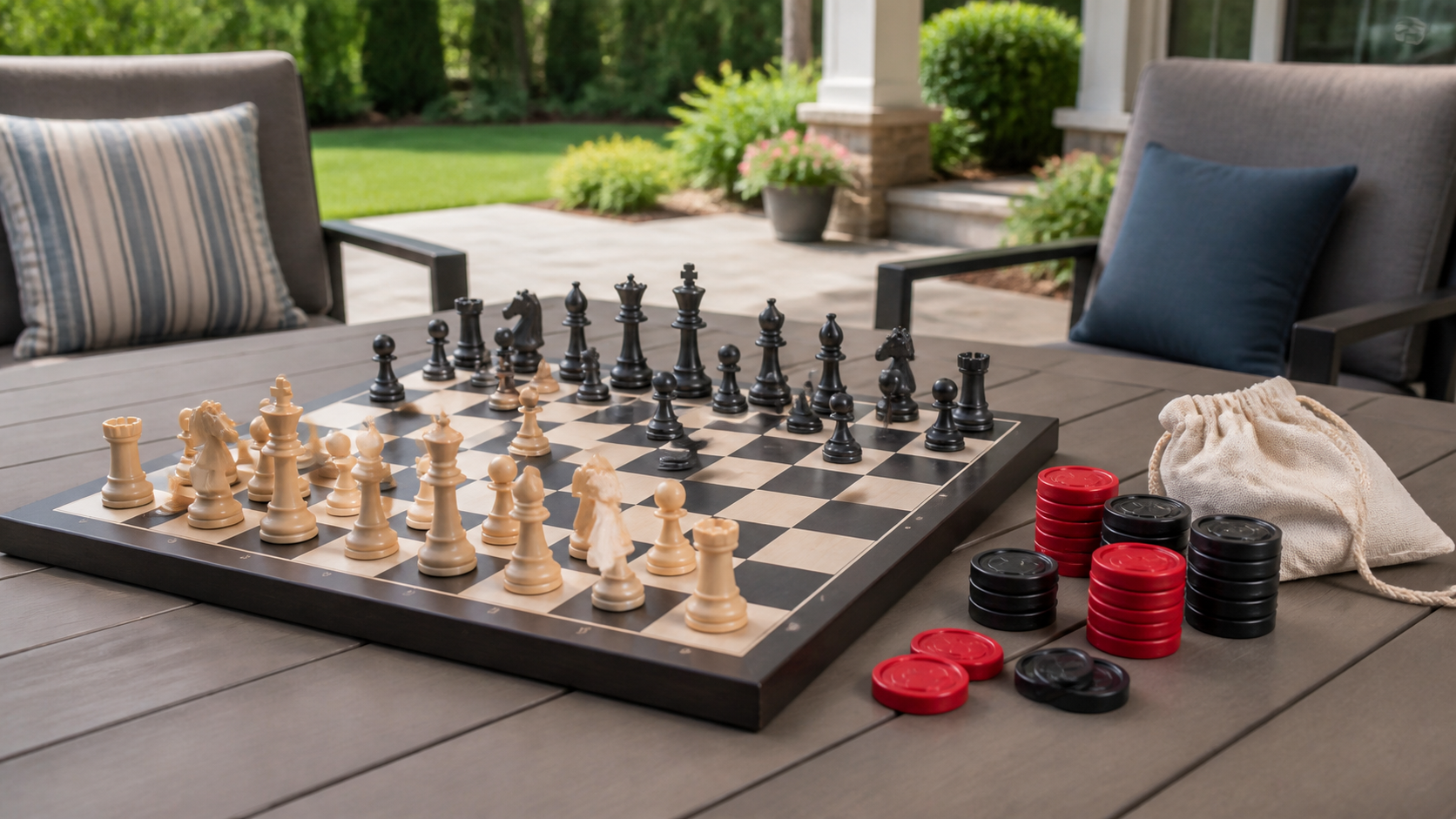 Unbranded outdoor tabletop chess and checkers setup with readable pieces, stackable checkers, and a storage pouch on a shaded patio