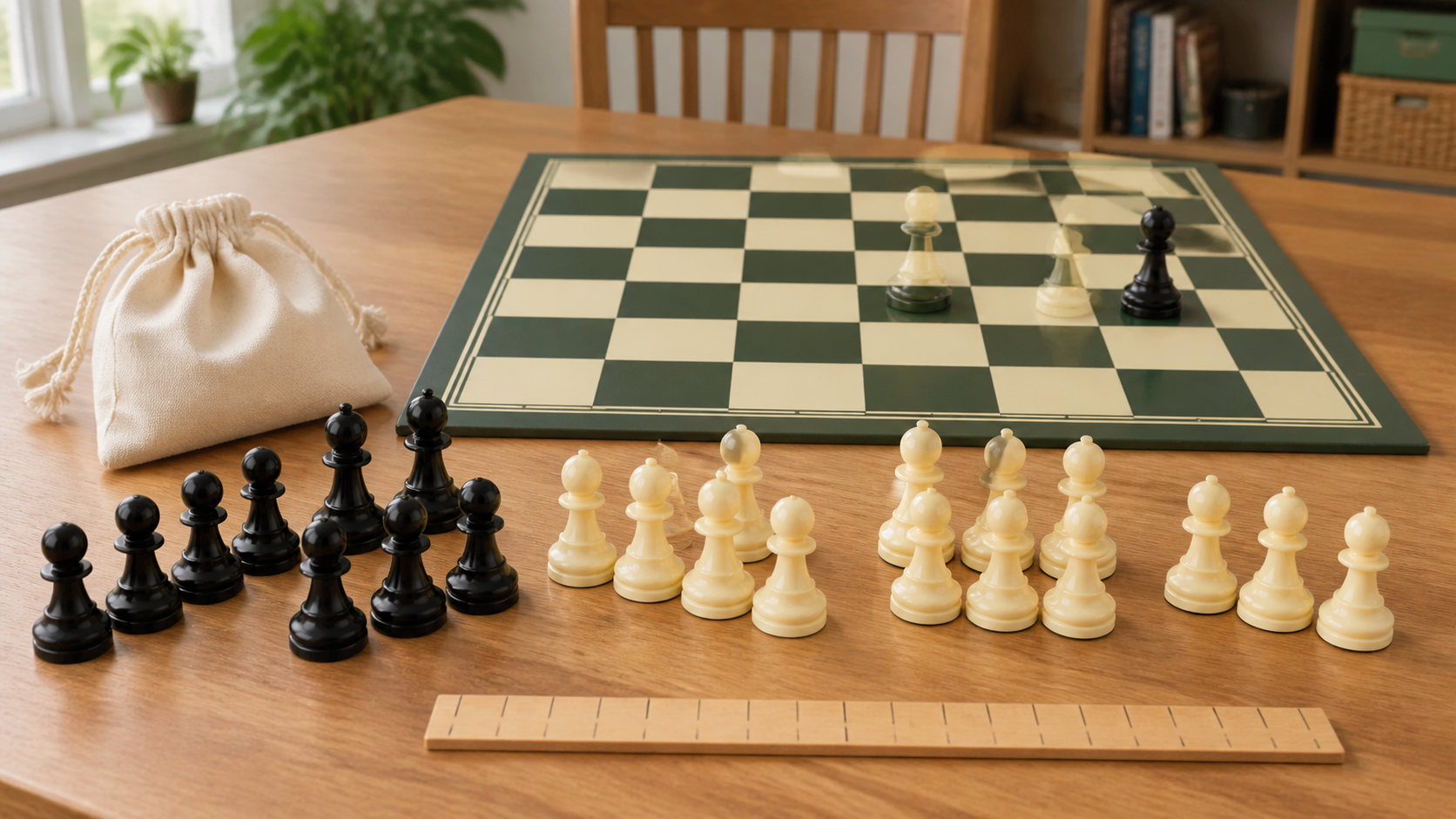 Groups of unbranded black and ivory replacement chess pawns arranged beside a practice board, storage bag, and measuring guide for comparing fit