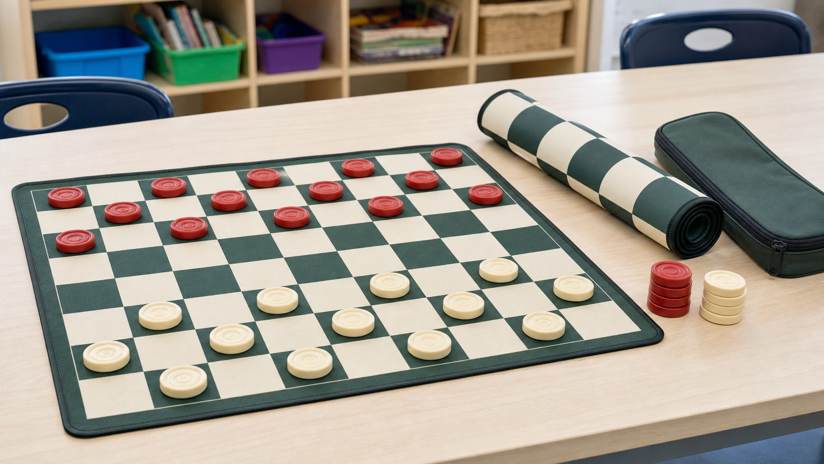 A flat green and cream roll-up checkers board with stackable red and cream pieces beside a rolled board and zippered storage pouch on a classroom table