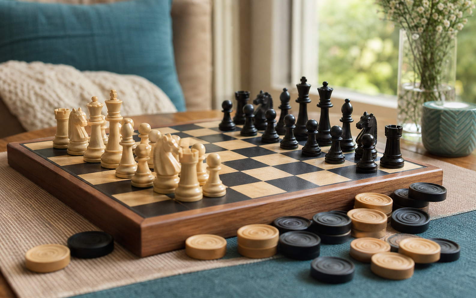 Readable wooden chess set on a family table, showing the board and recognizable pieces parents should look for in a teaching kit