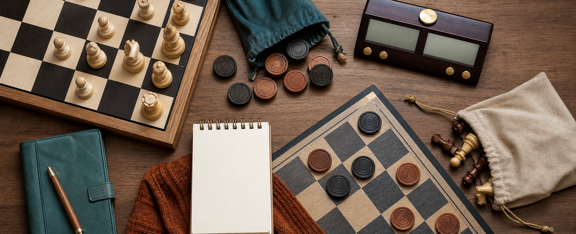 Chess and checkers accessories arranged for guide planning