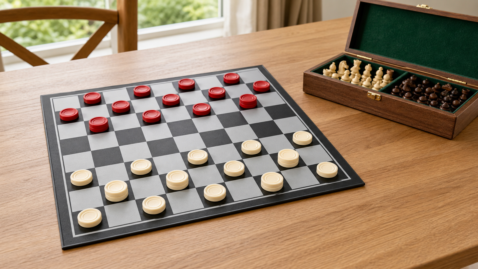 A dedicated 8-by-8 checkers board with thick stackable red and cream pieces beside a compact storage box of chess pieces for comparison
