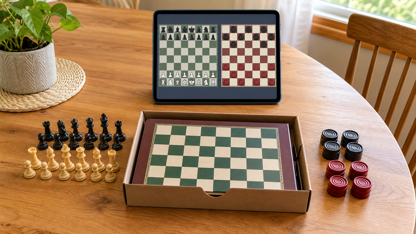 Tablet showing chess and checkers practice beside an unpacked physical combo board, chess pieces, and stackable checkers