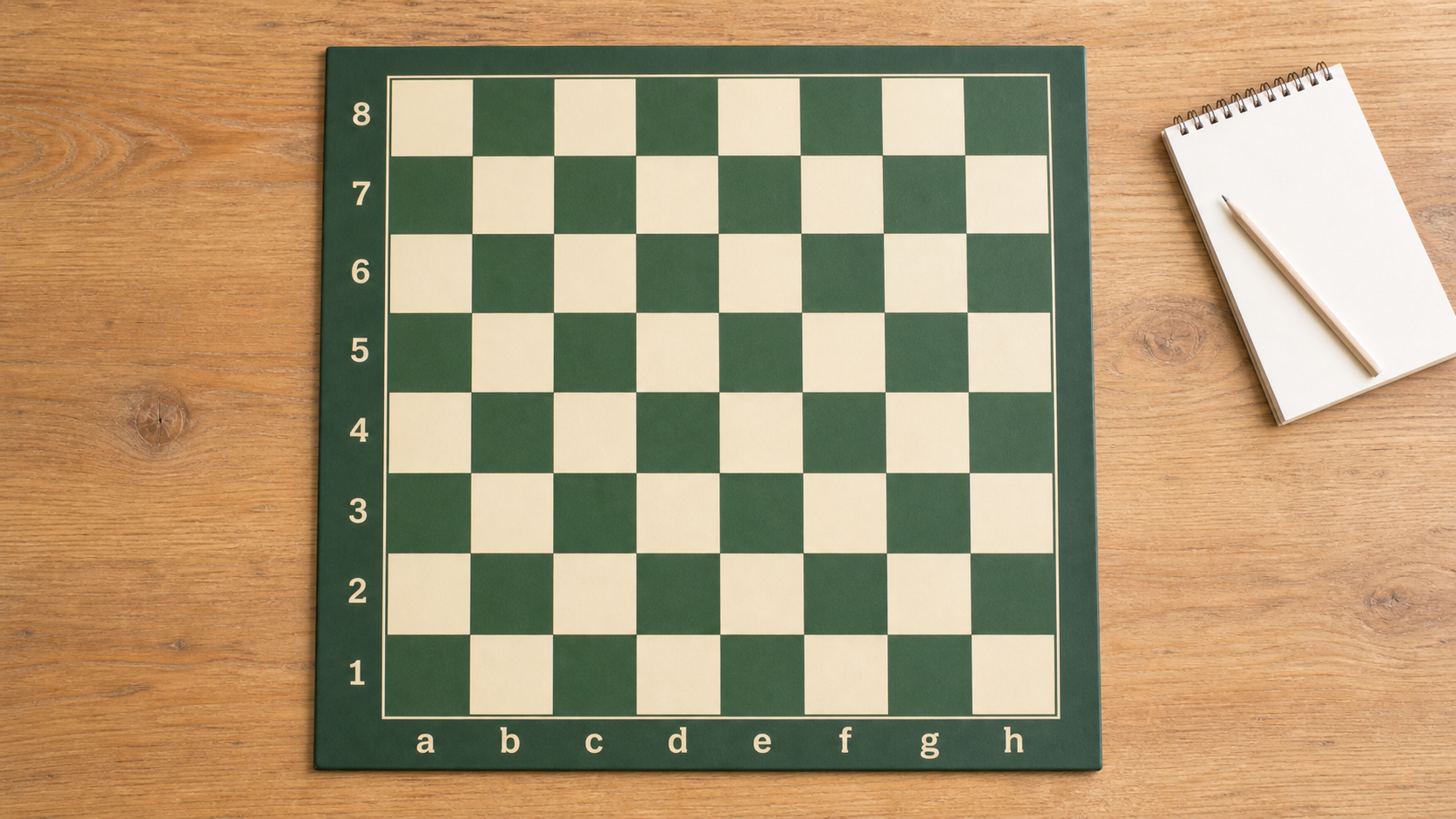 Empty green and cream chessboard with clear a-to-h file labels and 1-to-8 rank labels for beginner study