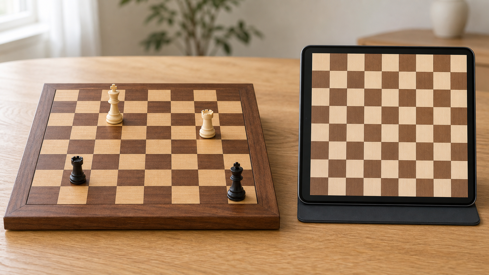 Recognizable Staunton-style king, rook, and other standard chess pieces on a clear wooden board