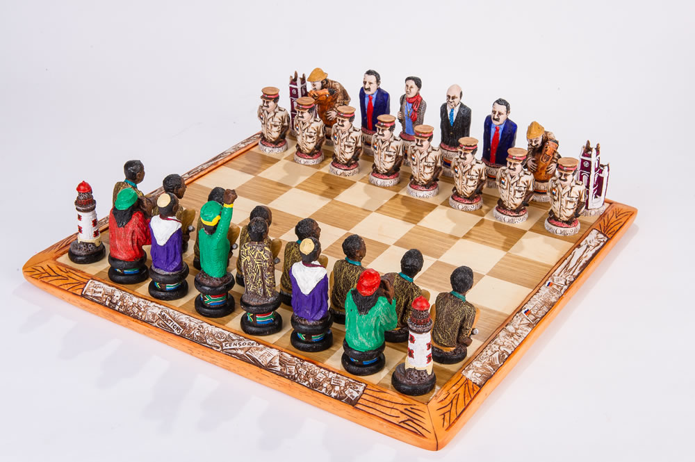 Carved character chess pieces whose detailed shapes require extra effort to map to standard chess roles