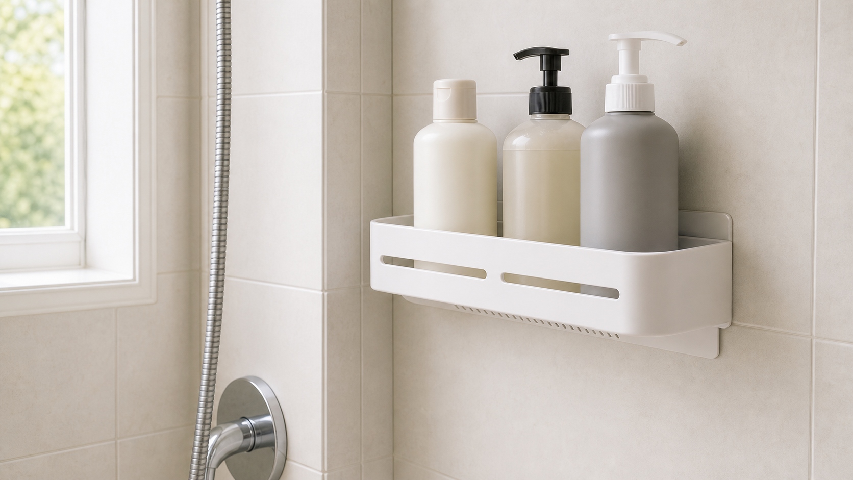 White adhesive shower shelf mounted on smooth tile and holding three unbranded bottles