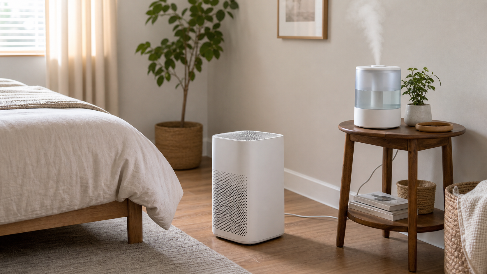 Bedroom with a compact air purifier on the floor and a separate cool-mist humidifier on a stable side table