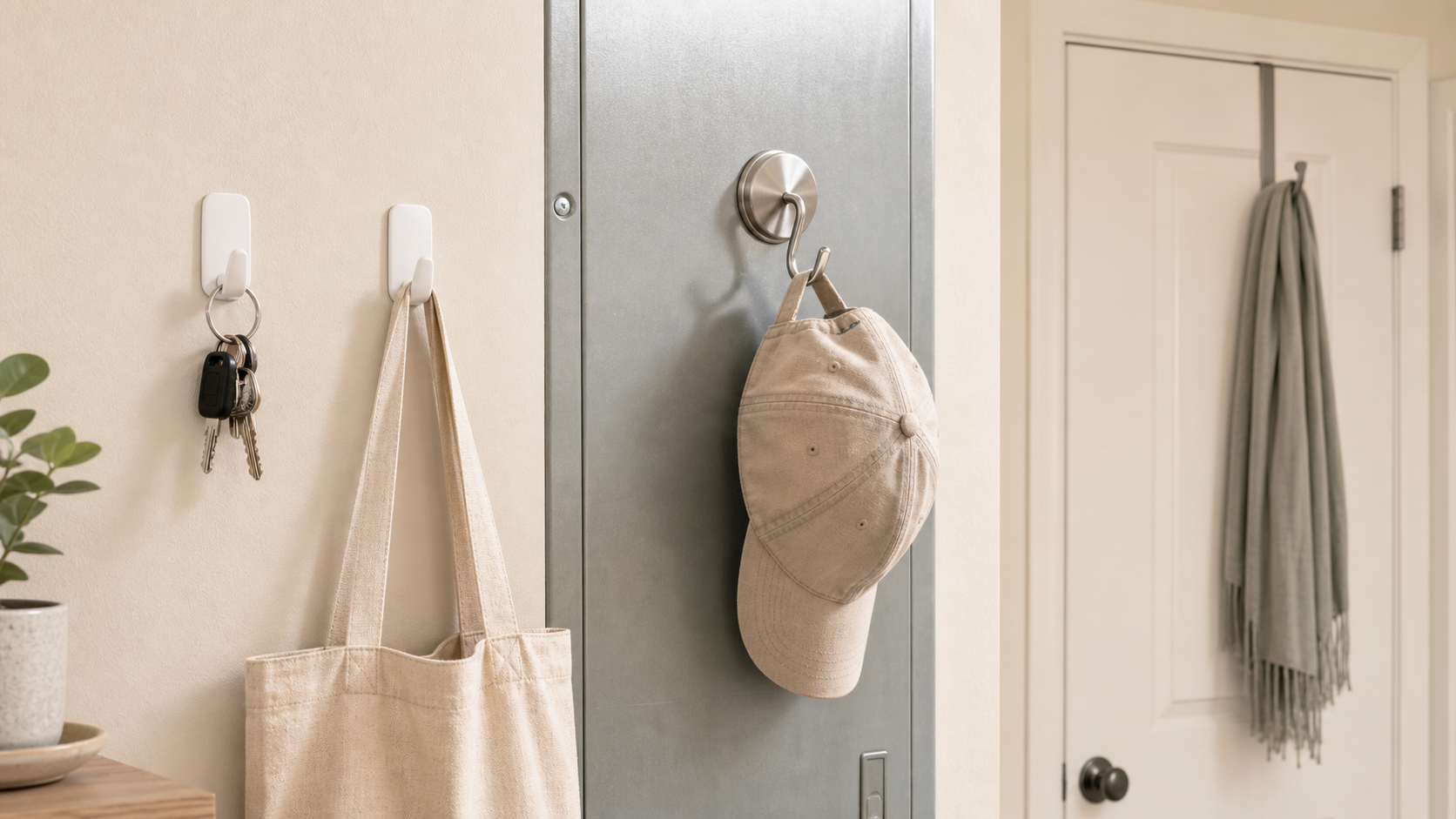 Adhesive hooks holding keys and a light tote, a magnetic hook holding a cap, and an over-door hook holding a scarf in a rental entryway