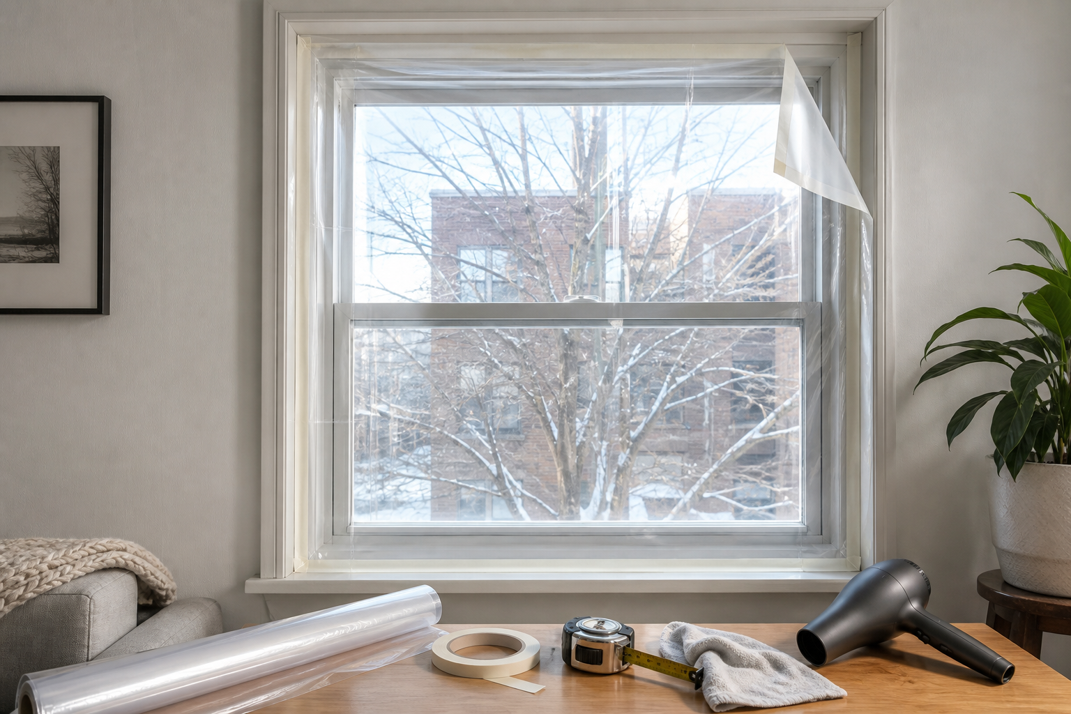 Clear temporary insulation film partly fitted over a sound rental apartment window, with a film roll, removable tape, tape measure, cloth, and unplugged hair dryer nearby