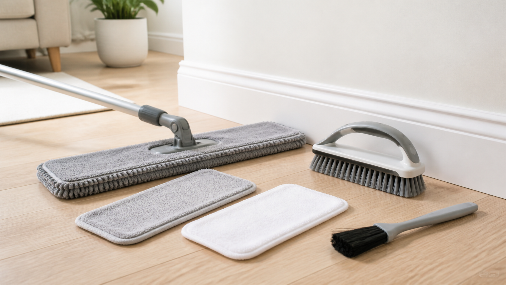 Long-handle microfiber cleaning head, two reusable pads, a contour brush, and a detail brush arranged beside a white painted baseboard