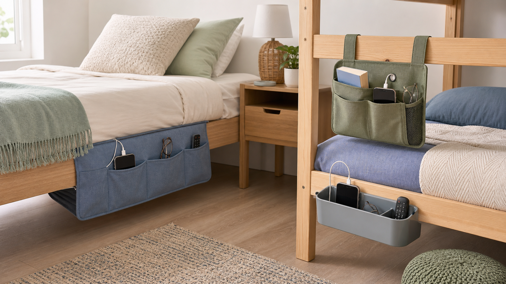 Three unbranded bedside caddy formats: an under-mattress fabric organizer, a rail-hanging pocket caddy, and a rigid clip-on bin beside a standard bed and lower bunk