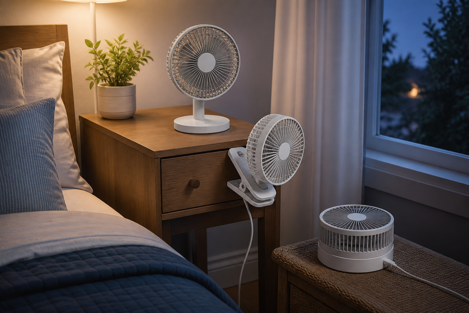 Three unbranded compact bedside fan formats in a small bedroom: a desk fan, a clip-on fan, and a low-profile USB fan