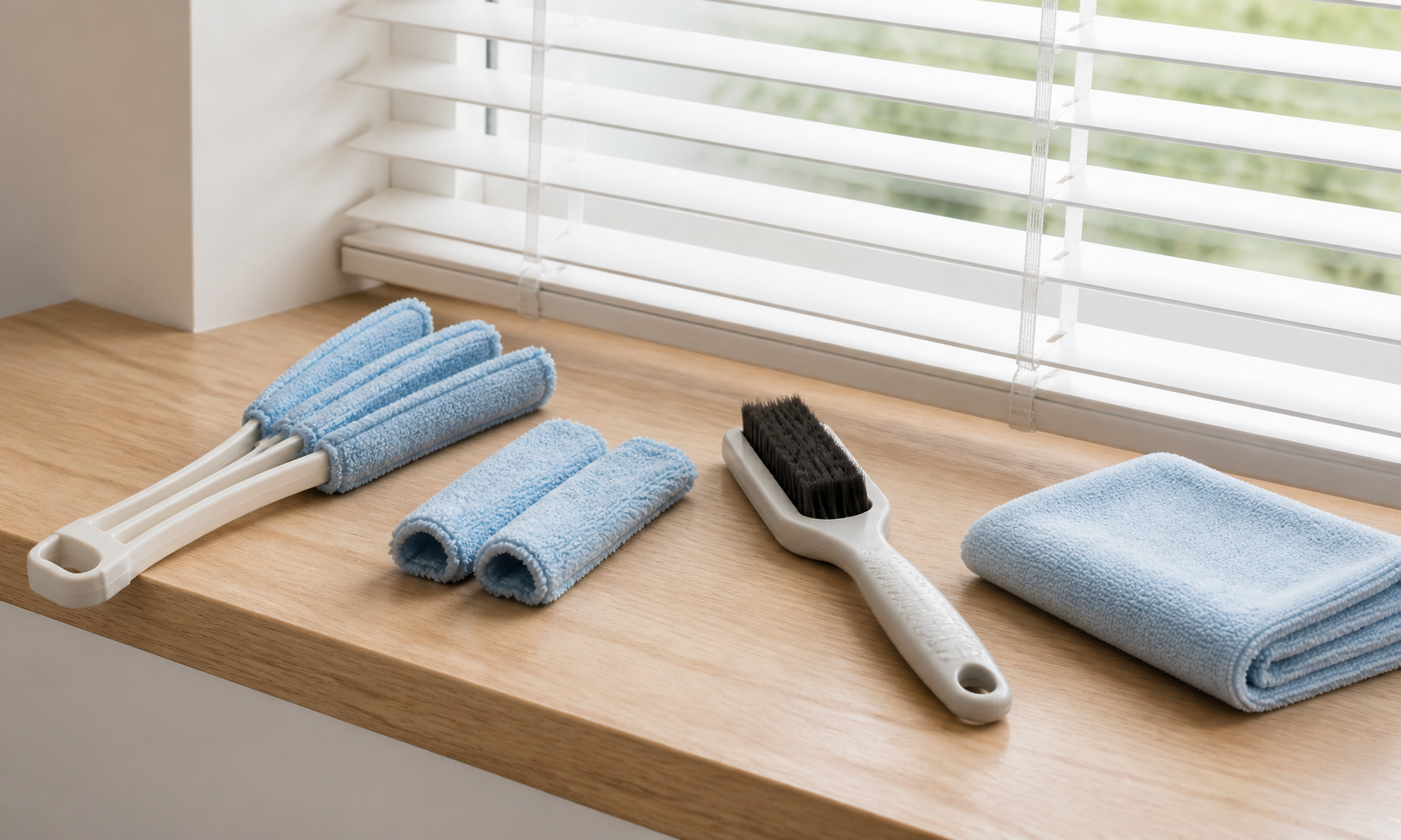 Manual microfiber blind duster, two removable sleeves, a soft detail brush, and folded cloth arranged beside white horizontal window blinds