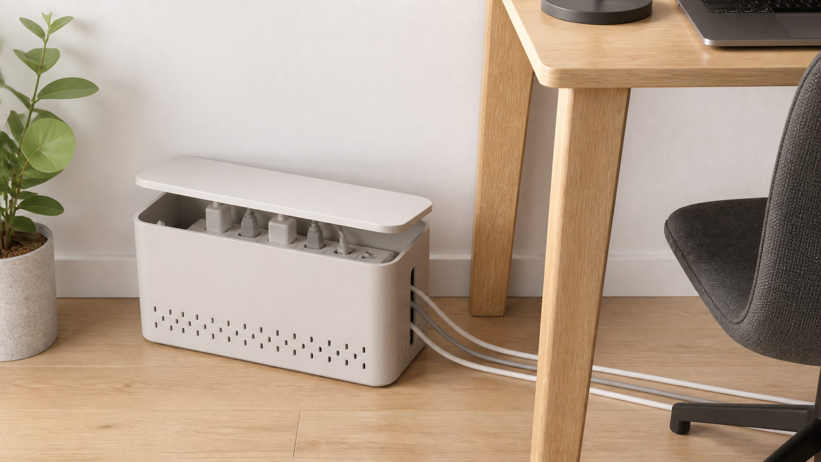 Ventilated cable management box containing a power strip and neatly routed charging cables on a hard floor beside a home-office desk
