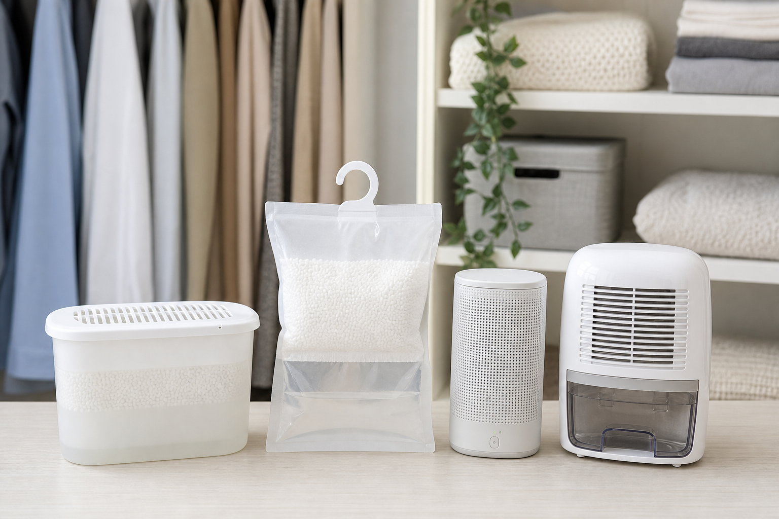Four unbranded closet moisture-control options: an absorber tub, hanging bag, rechargeable desiccant unit, and compact electric dehumidifier