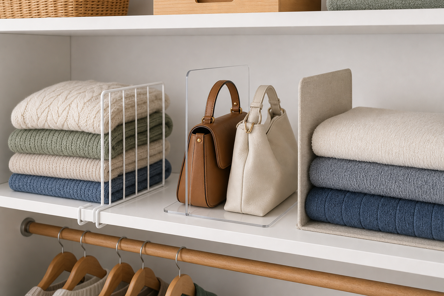 Three unbranded closet shelf divider types: coated wire around folded sweaters, clear acrylic beside handbags, and a fabric divider separating towels