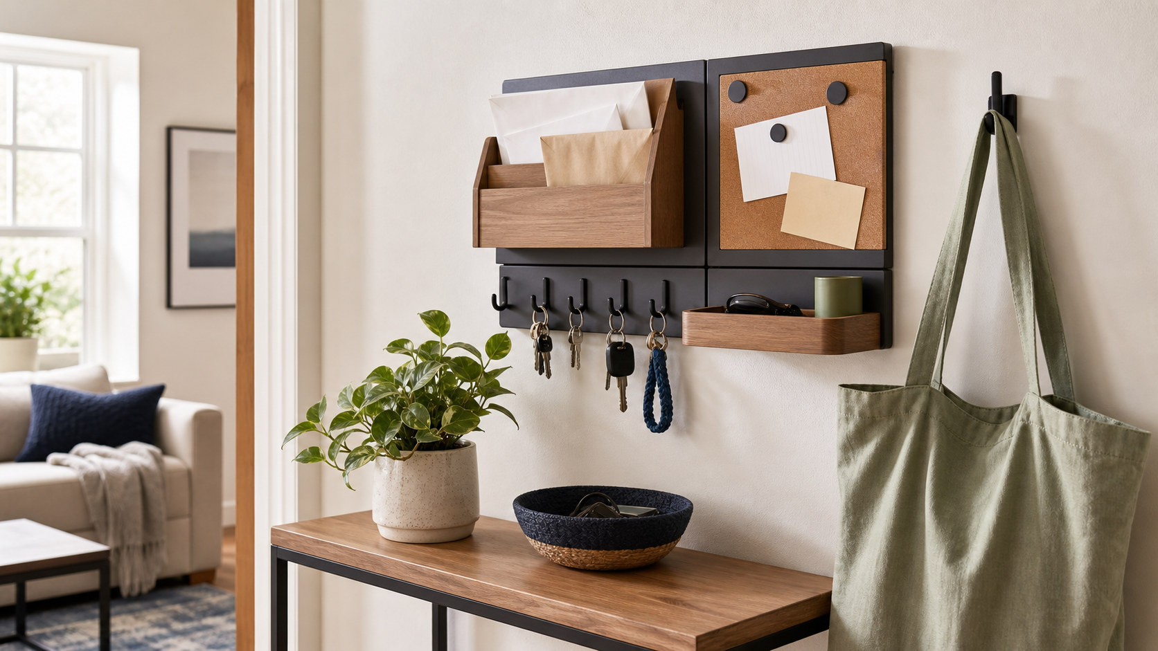 Realistic wall-mounted family entryway command center with a mail pocket, blank memo board, key hooks, and a shallow tray above a narrow console