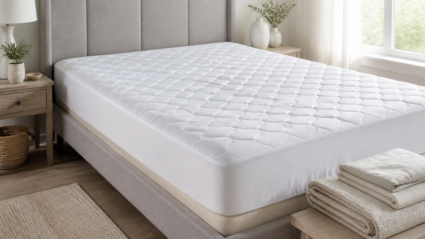 White quilted mattress pad fitted over a mattress in a bright bedroom