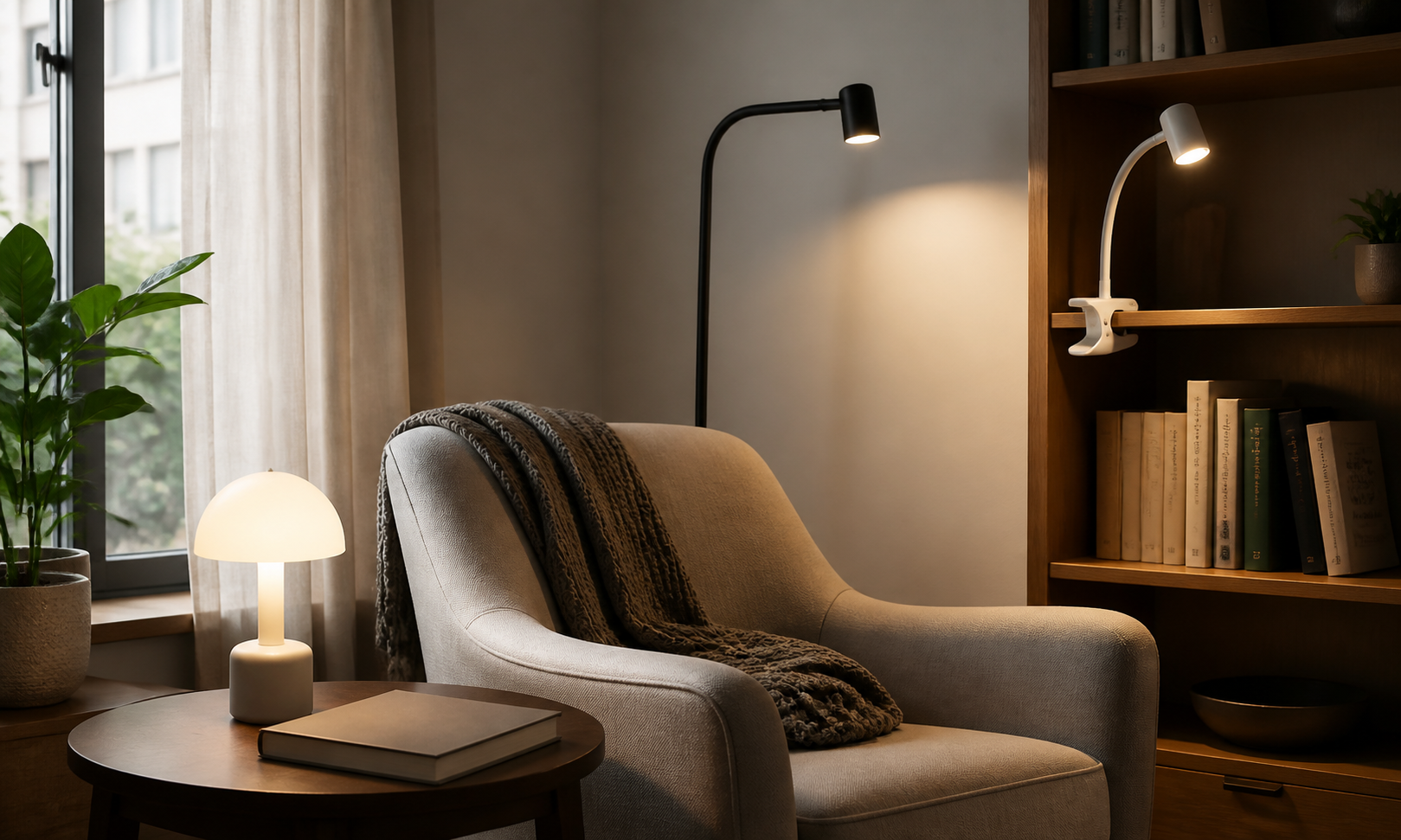 Cordless tabletop, clip-on, and floor reading lamps arranged around an armchair without visible cords