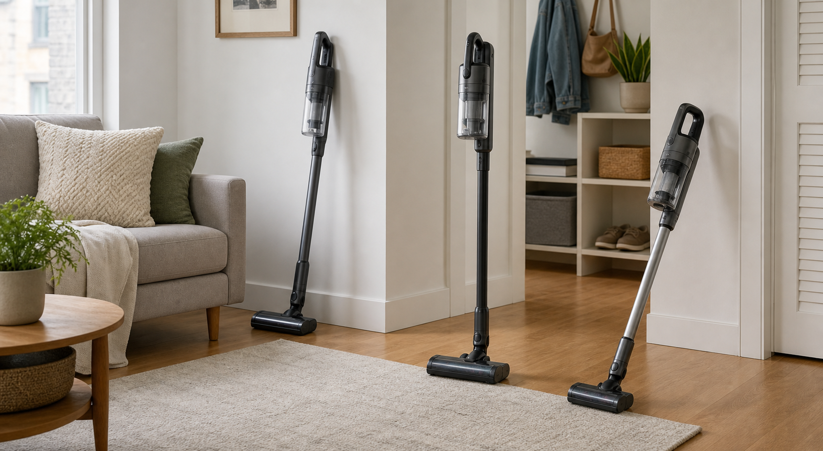 Three unbranded cordless stick vacuum styles arranged on hardwood and a low-pile rug in a small apartment living room