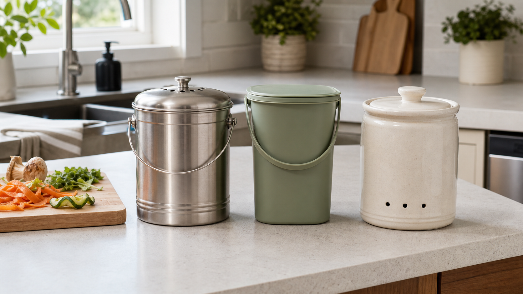 Three countertop food-scrap bins in stainless steel, slim plastic, and ceramic formats on a small kitchen counter