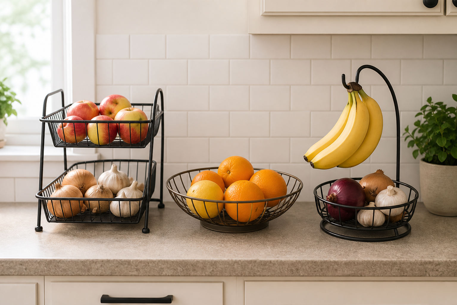 A two-tier wire basket, open fruit bowl, and hanging banana-and-produce stand compared on a small kitchen counter