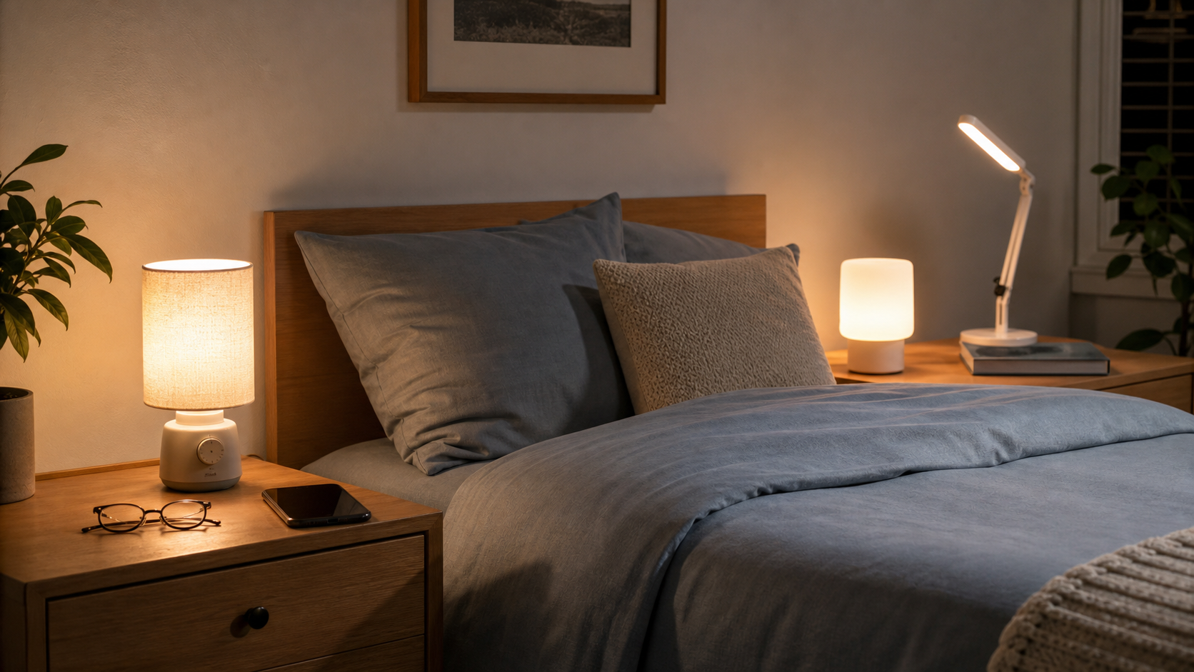 Three unbranded compact bedside lamp formats glowing at different levels on two small wooden nightstands, with a phone, glasses, and book showing the remaining surface space