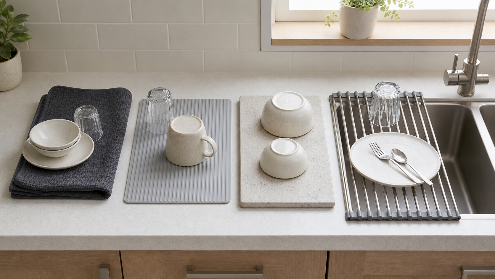 Microfiber, ribbed silicone, stone, and roll-up dish drying surfaces compared beside a compact kitchen sink