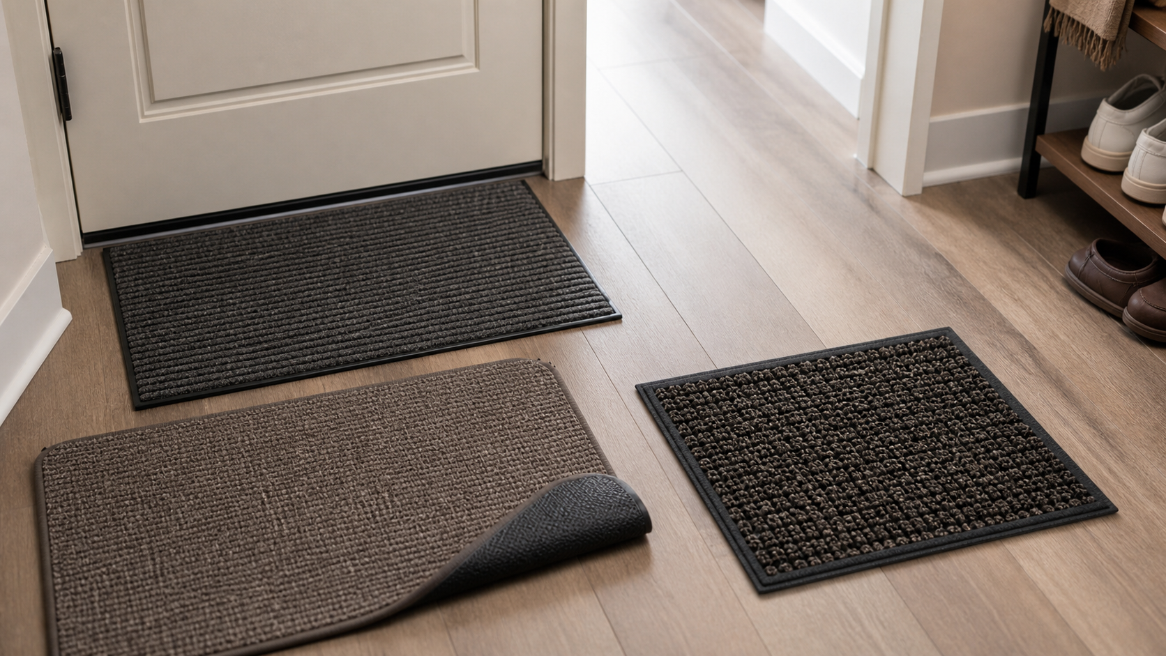 Three unbranded door mat styles compared in a compact apartment entryway, including a low-profile ribbed mat, washable flat mat, and scraper mat