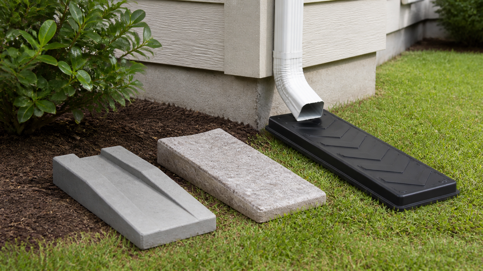 Three generic downspout splash block styles beside a home, with one aligned beneath the downspout
