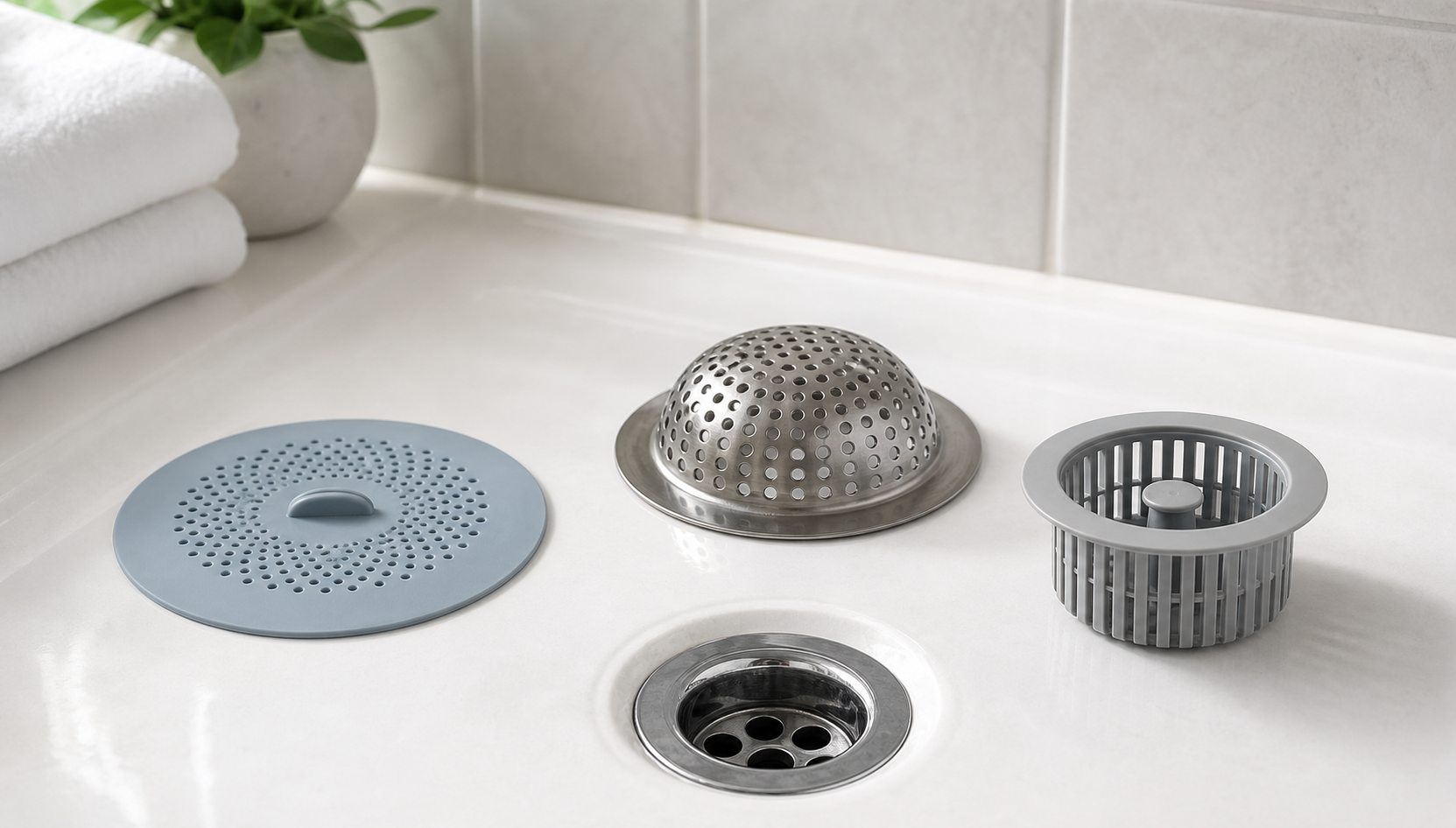 Three unbranded drain hair catcher formats beside a shower drain: a flat silicone cover, a domed stainless-steel strainer, and an in-drain basket insert