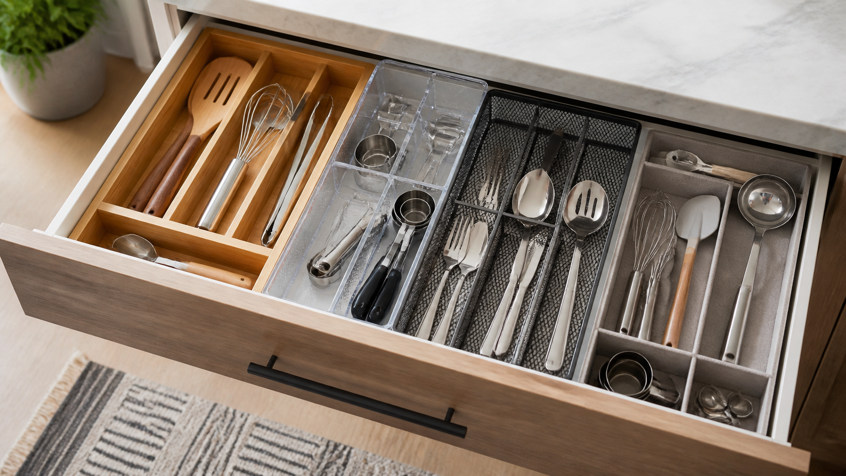 Open kitchen drawer fitted with bamboo, clear plastic, black metal mesh, and soft lined utensil organizers