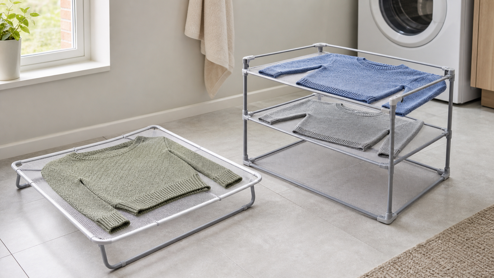 Single-level and stackable mesh drying racks holding knit sweaters flat in a bright laundry area