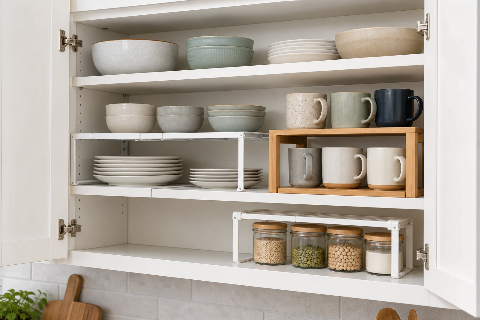 White metal and bamboo-look expandable shelf risers organizing plates, bowls, mugs, and pantry jars inside a kitchen cabinet