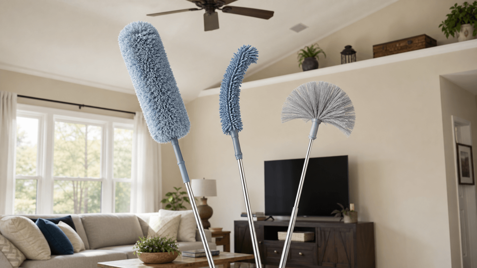 Three extendable dusters with fluffy microfiber, bendable microfiber, and round cobweb heads in a living room with a ceiling fan and high ledge