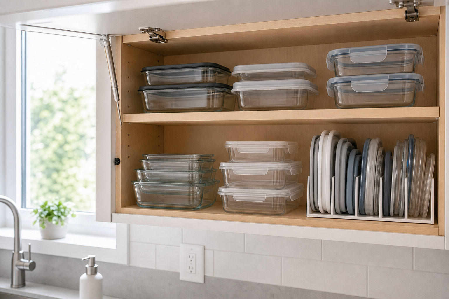 Glass and clear plastic food storage containers nested and stacked in a shallow kitchen cabinet, with matching lids stored vertically