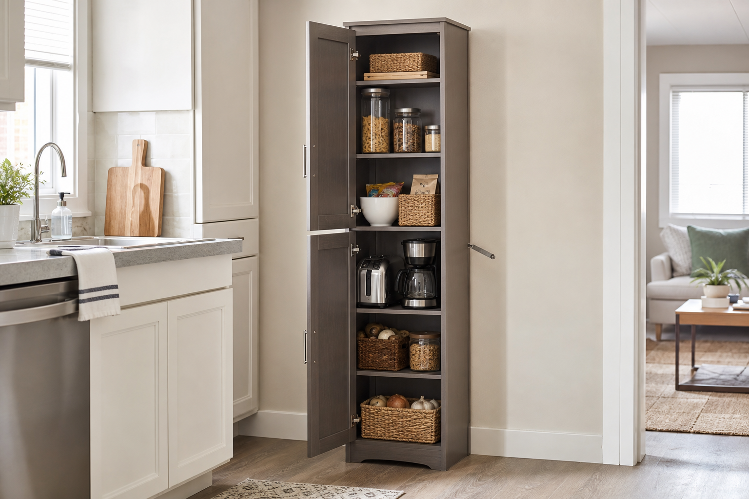 Tall narrow freestanding pantry cabinet with open doors, adjustable shelves, dry goods, baskets, and small appliances in a compact kitchen