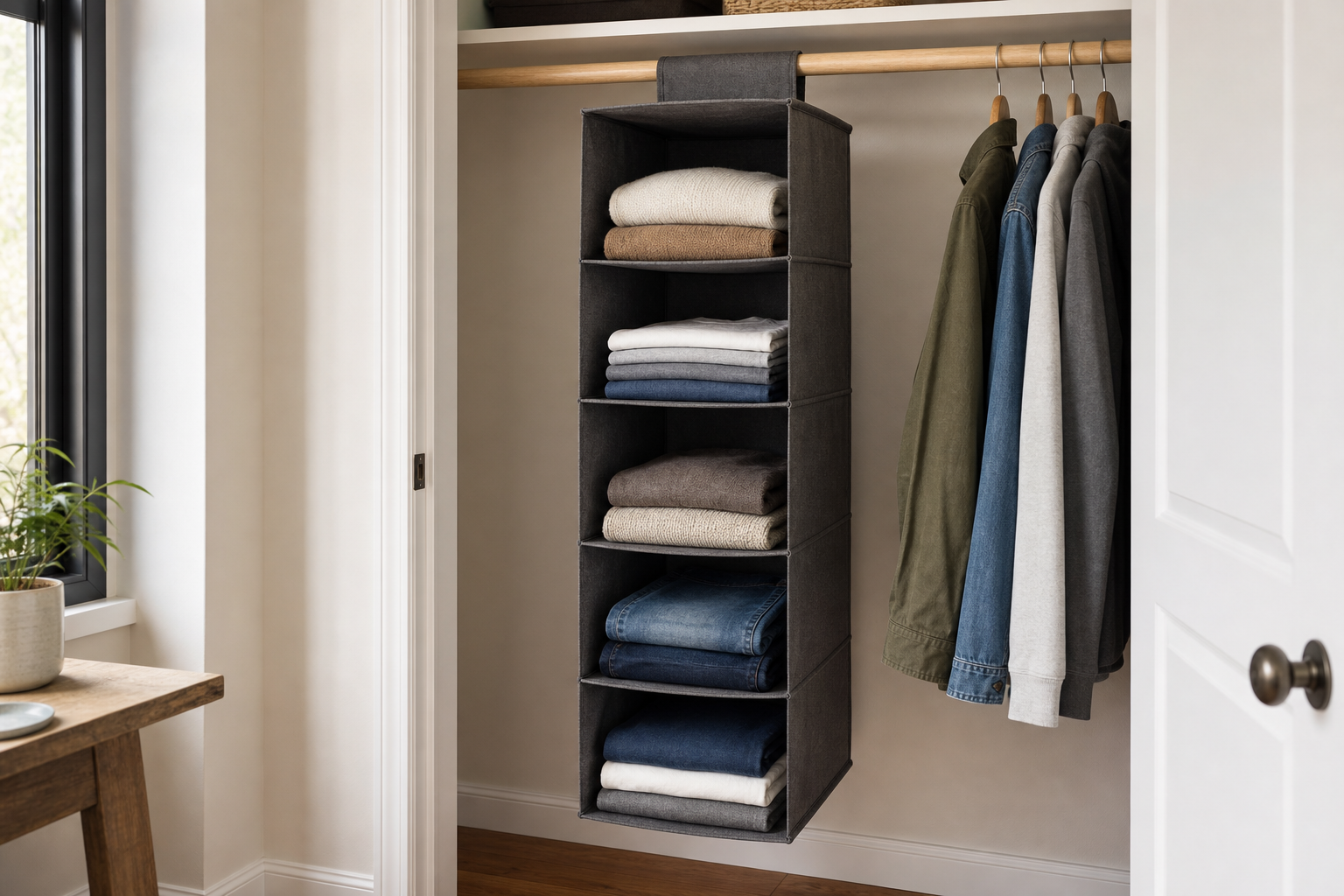 Five-shelf fabric hanging closet organizer holding folded sweaters, shirts, and jeans with its rod attachment and floor clearance visible