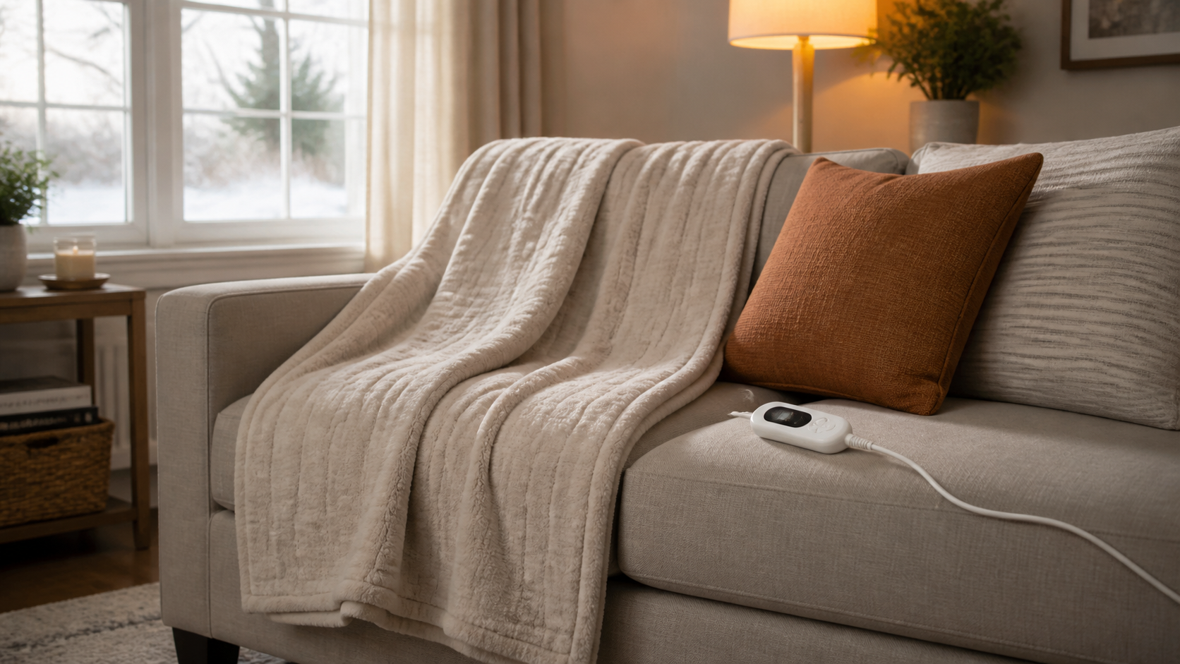 Neutral heated throw draped over a living-room sofa with its wired controller visible beside it