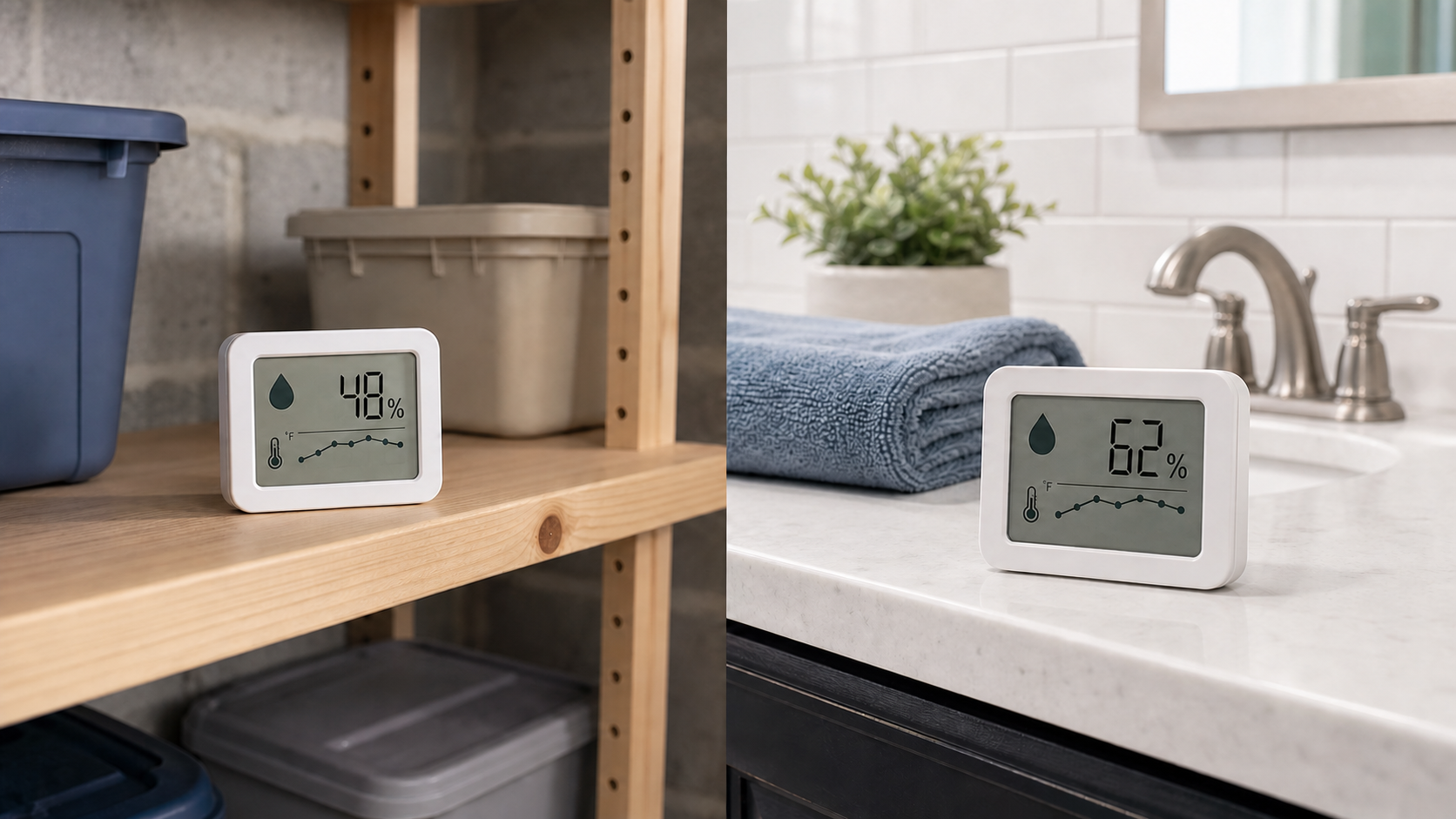 Digital hygrometers positioned on a basement storage shelf and a bathroom vanity away from direct water