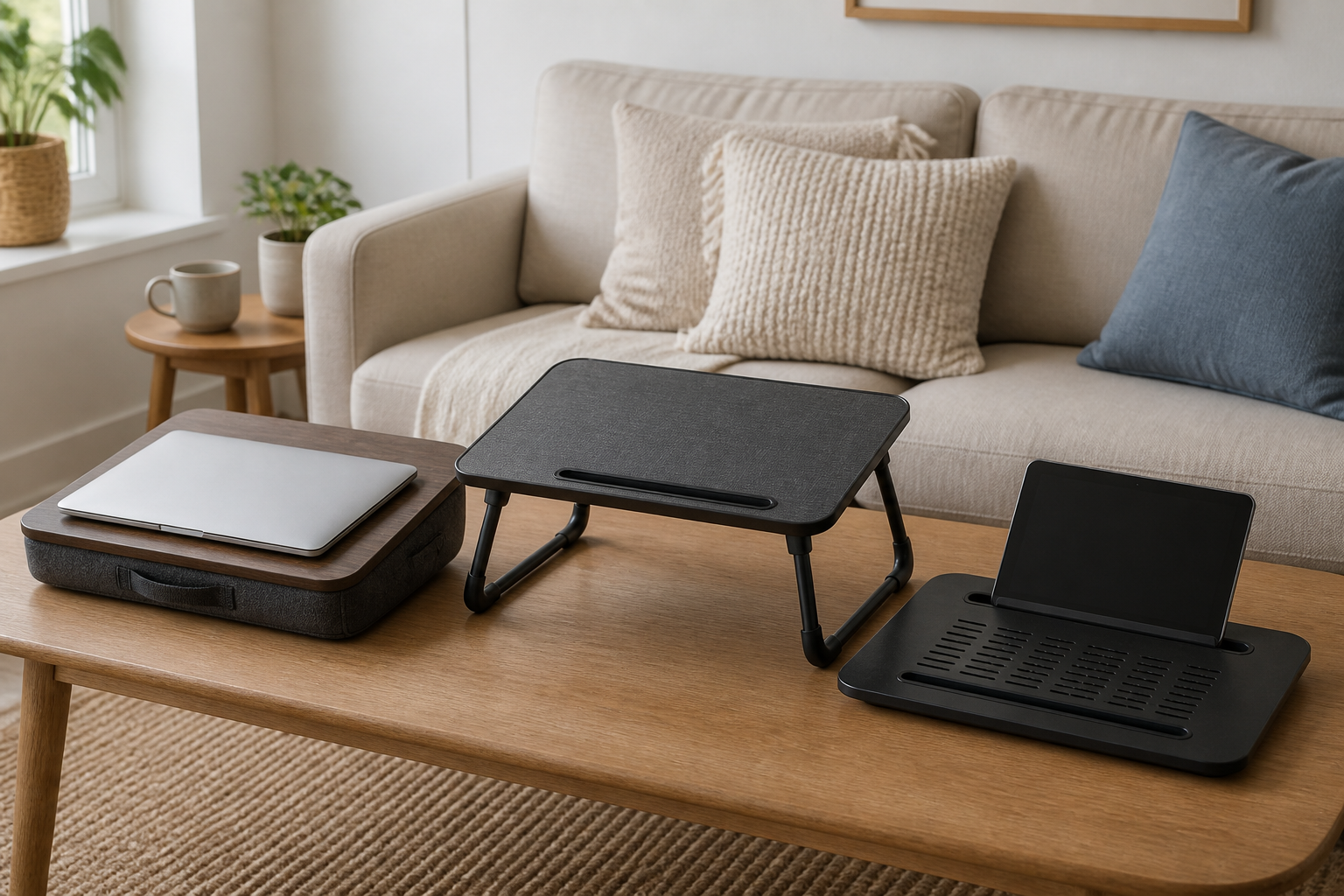 Cushioned, folding-leg, and ventilated lap desks arranged for comparison on a table in a small living room