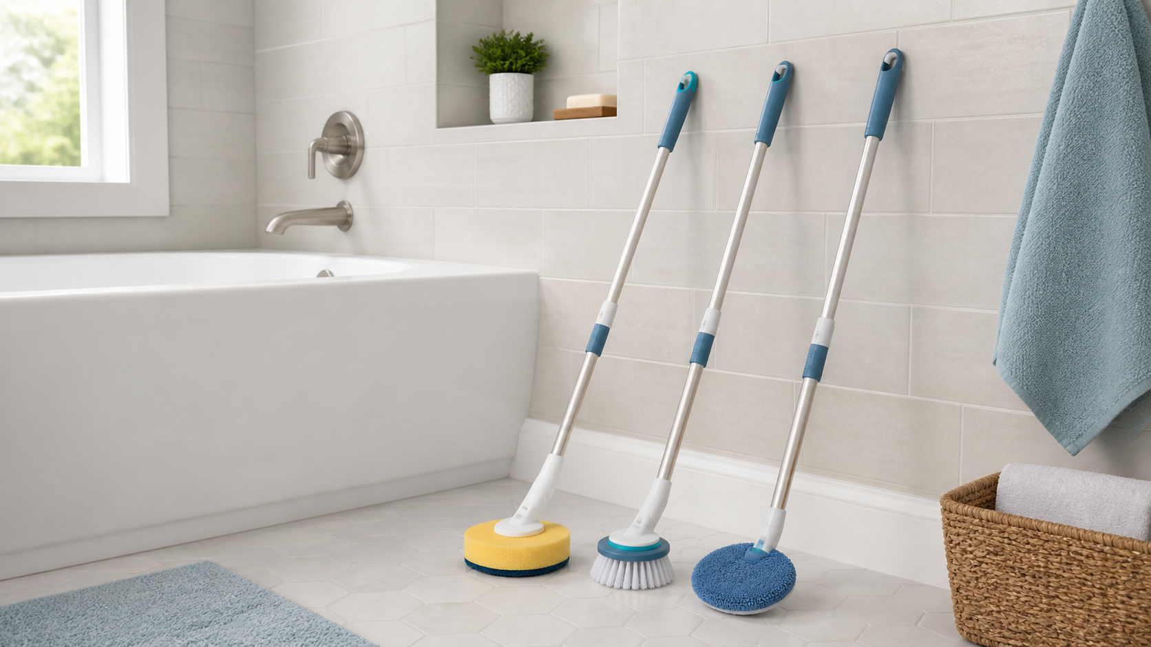 Three unbranded long-handle shower scrubbers with sponge, brush, and microfiber pad heads beside a clean bathtub