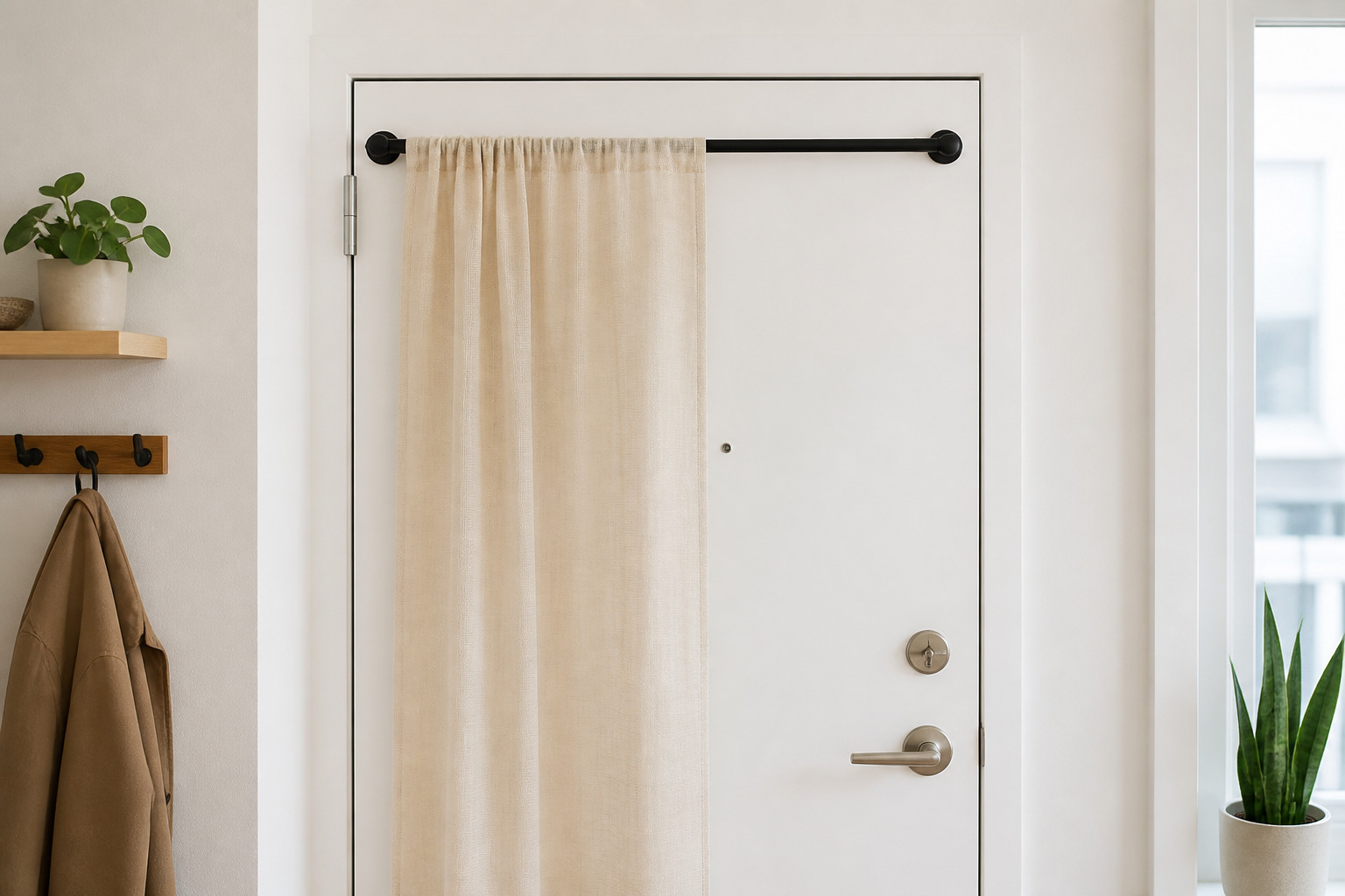 Unbranded black magnetic curtain rod holding a lightweight beige privacy panel on a white steel apartment door