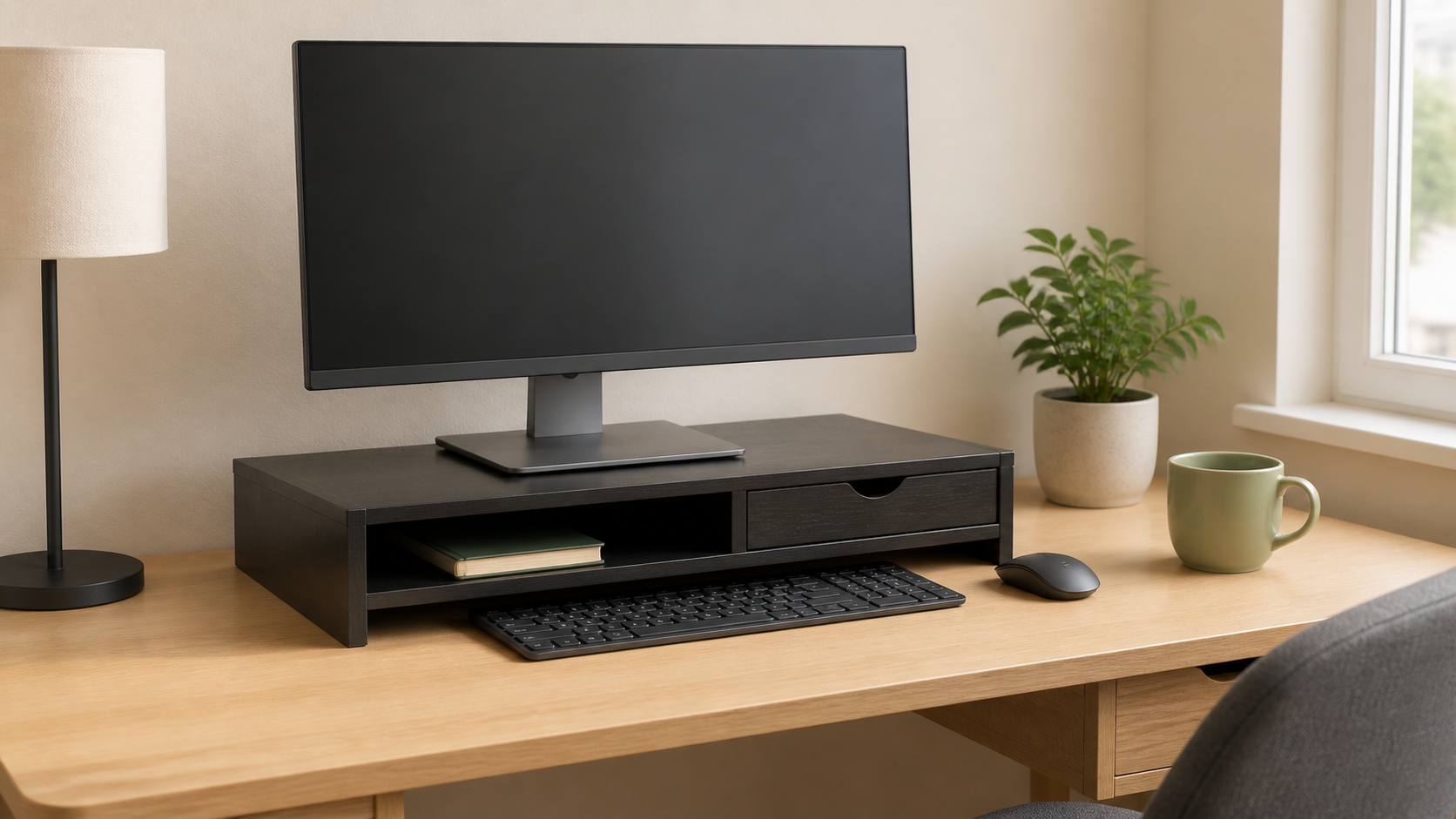 Monitor on a compact dark wood stand with an open notebook shelf, shallow drawer, and space for a keyboard on a small desk