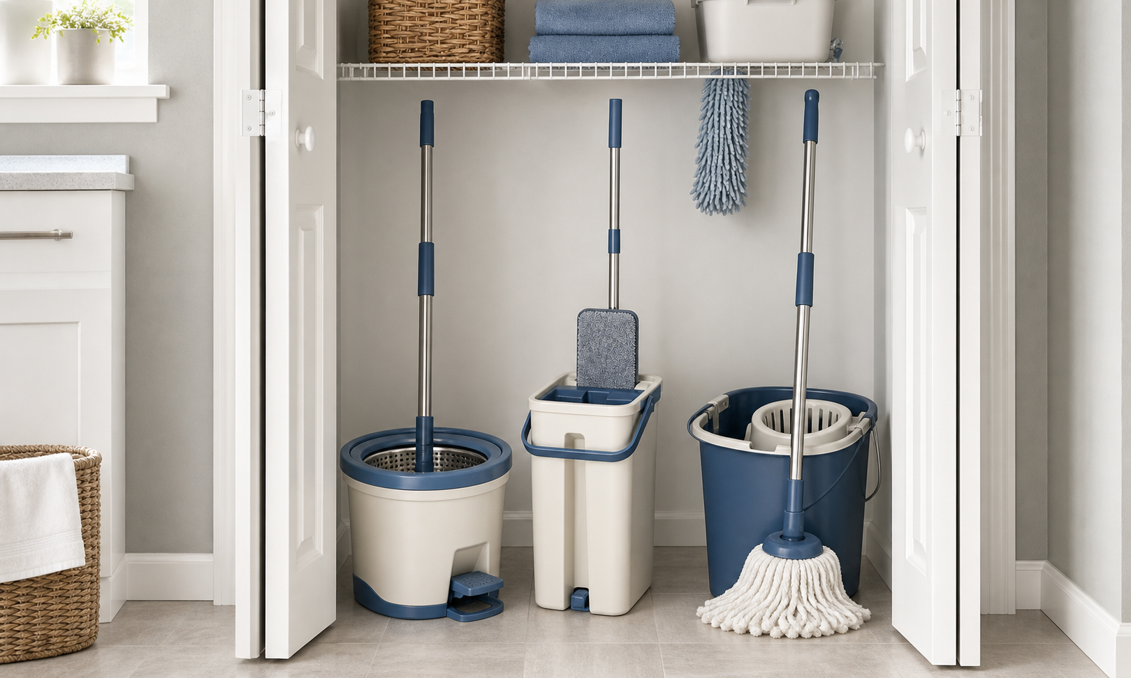 Compact spin-mop, flat-mop wash bucket, and traditional wringer bucket systems arranged in a narrow utility closet