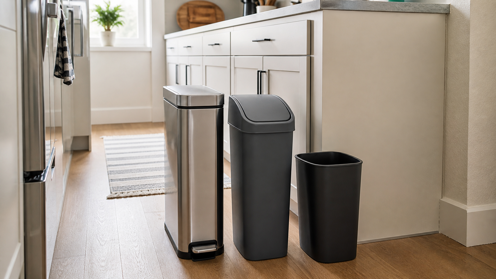 Three unbranded narrow kitchen trash can formats—a stainless step can, a slim swing-lid bin, and a compact open-top bin—in a tight galley kitchen